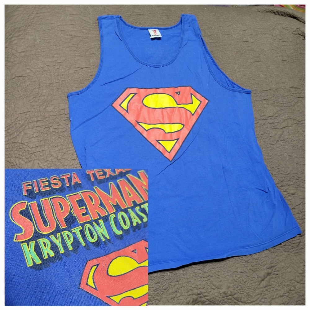 Six Flags Fiesta Texas SUPERMAN Ride Roller Coaster sleeveless blue tShirt XL